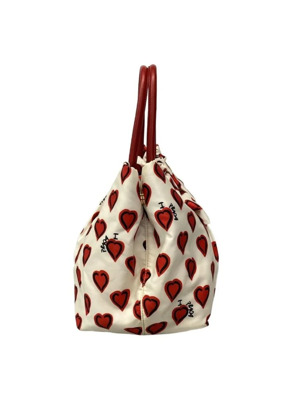 Prada Tote Ivory Red Black Heart Pattern Ribbon Leather - Picture 2 of 15
